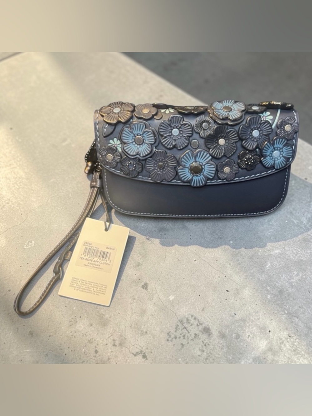 Coach 1941 Navy Tea Rose Appliqué Leather Clutch Wristlet Crossbody